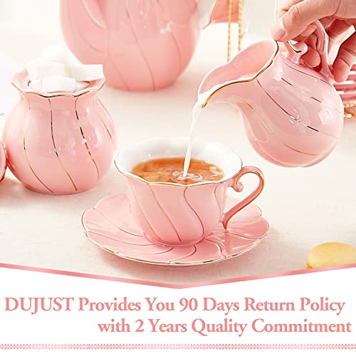 Dujust Cream & Sugar Set, Luxury British Design In Golden Trims, 1 Sugar Bowl With Lid (12 Oz), 1 Creamer (8 Oz), Handcrafted Sugar Creamer Set, Decoration For Kitchen - Pink #TOP5