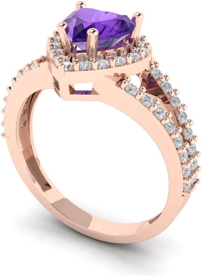 Clara Pucci 14K Solid Gold Engagement Ring for Women | 1.49 cttw Amethyst Heart Cut Halo | Real Rose Gold Wedding Ring