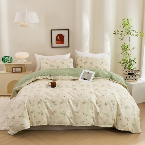 ECOCOTT Duvet Cover King Size - Reversible Green Floral Duvet Cover Set, Ultra Soft & Breathable Comforter Cover with Zipper Closure 4 Ties Bedding Set for Girls and Women