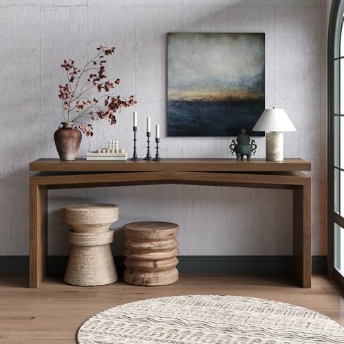 HZSSDTKJ 65-Inch Rustic Solid Wood Veneer Long Console Table, Farmhouse Entryway Sofa Side Table for Living Room, Hallway, Behind Couch and Apartment, Easy Assembly (Antique Rustic Brown-04)