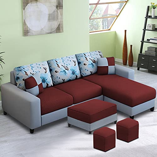 Image of Orland 4 Seater RHS L Shape Sofa with Center Table & 2 Puffy | Color - Maroon Grey