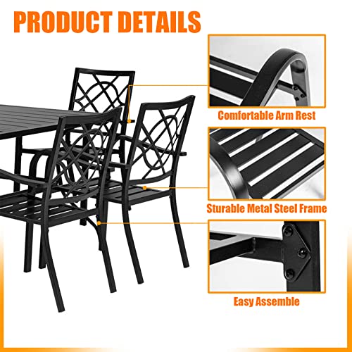 Crownland 5 Piece Outdoor Dining Set, Patio Metal Dining Sets, 4 Stackable Metal Chairs and Square Outdoor Dining Table with 1.57\" Umbrella Hole, for Backyard, Lawn, Garden (Classic Black)