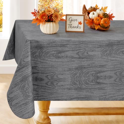 Smiry Rectangle Table Cloth, Waterproof Vinyl Tablecloths with Flannel Backing, Wipeable Spillproof Plastic Wood Grain Table Cover for Dining, Indoor and Outdoor (Grey, 70" x 120")
