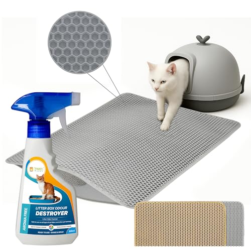 Image of Cat Litter Mat with Odour Eliminator Spray - Large 55x75cm Double Layer Waterproof Cat Mat with Open Edge Design - Durable Washable EVA Mat + 300ml Cat Litter Box Odor Eliminator