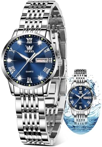 OLEVS Silver Blue Face Women Watches Stainless Steel Watch for Women Small Analog Womens Waterproof Watch Luxury Classic Diamond Ladies Wrist Watches with Day Date Womens Dress Watch