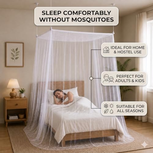 Image of Single Bed Mosquito Net 4x6.5 Feet | Hanging Mosquito Net for Single Bed | Fine Mesh Protection Net for Adults & Kids | Easy Installation | White