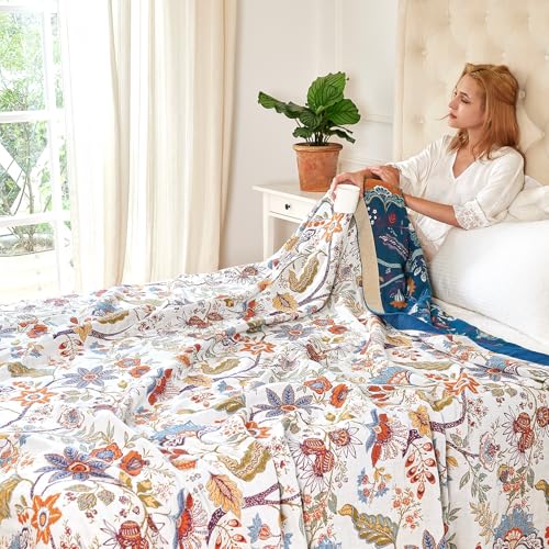 Image of VANJOROY Boho Throw Blanket, 100% Organic Cotton Breathable Ultra Soft 91 inch x 108 inch King Bed Quilt Throw - All Season Floral Rustic Farmhouse Decor Luxury Blanket for Sofa Couch Chair and Gift