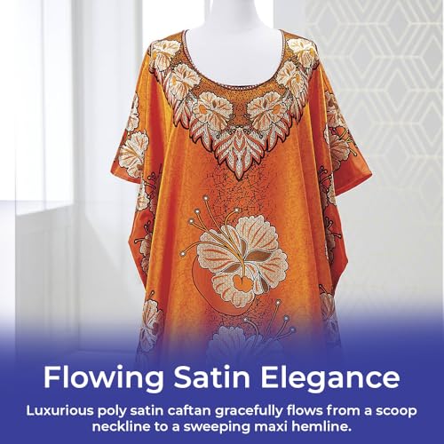 Golden Hibiscus Floral Caftan for Women, Ultimate Satin Comfort, Loungewear Dress, Swimsuit Cover Up, One Size Fits Most4