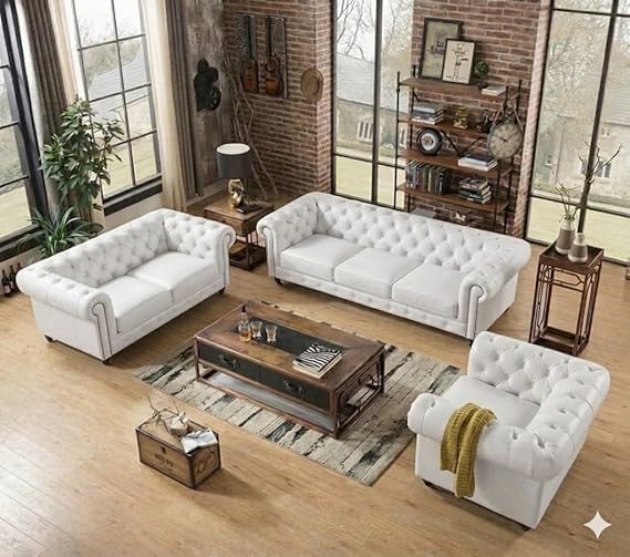 Image of A to Z Furniture Classic Sofa Set Luxury Chesterfield Leatherette Sofa in for Home Living Room & Office (3+2+1=6 Seater Sofa Off-White)