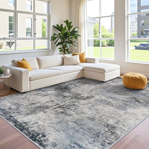 RUUGME Washable Abstract 10x12 Rug - Large Soft Area Rugs for Living Room Waterproof Indoor Ultra Thin Mat for Bedroom Stain Resistant Non Slip Backing Distressed Farmhouse Floor Carpet 10x12 Blue