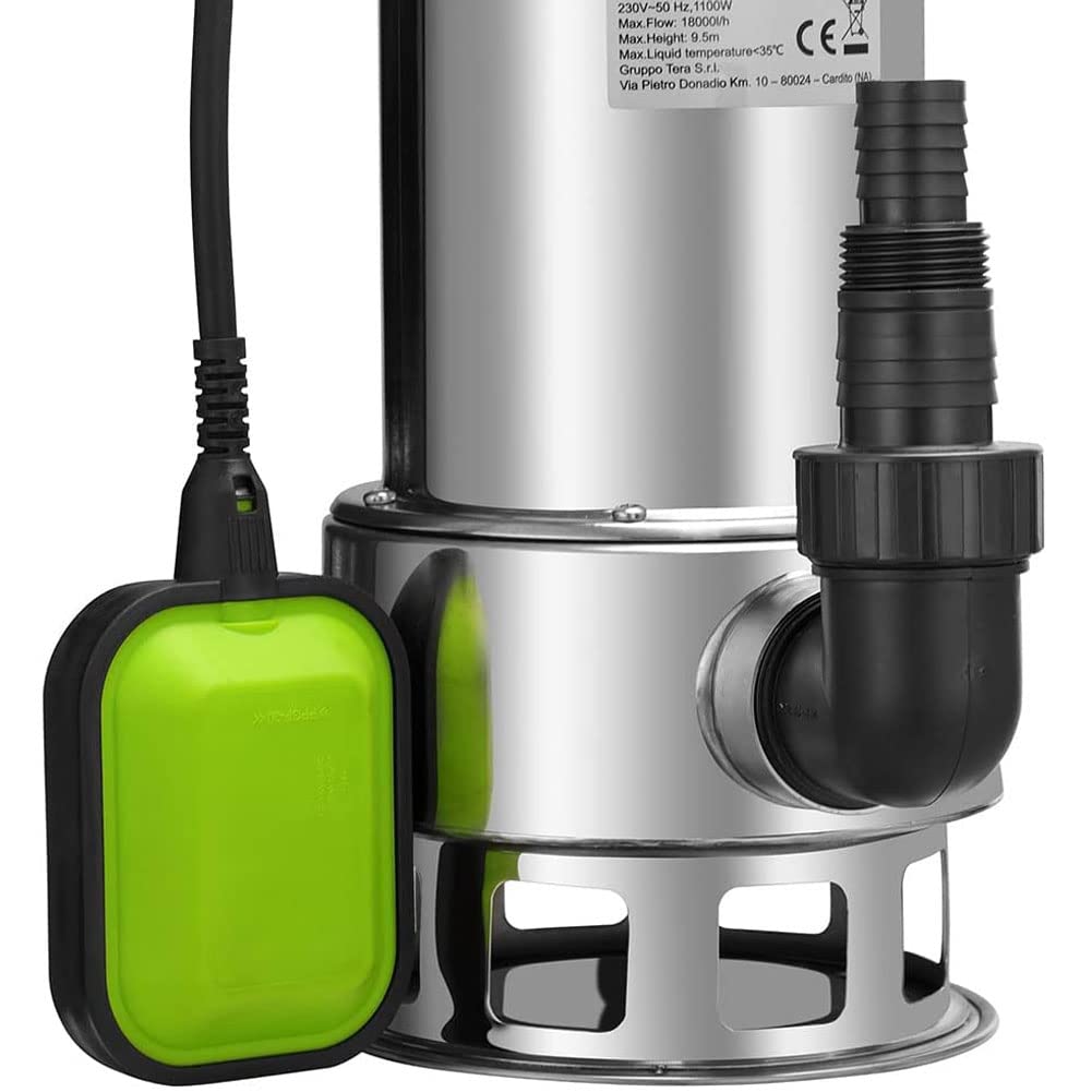 Bakaji Pompa Immersione Elettropompa Sommersa Acque Scure Sporche Potenza 1100W Portata 18000L/h Profondità Massima 9 Metri con Corpo Acciaio Fondo Piatto Maniglia per il Trasporto Cavo 10 metri