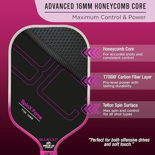 Blue Cut Pickleball Paddle – USAPA Approved Pickleball Paddles Racket with T700 Carbon Fiber, 16mm Honeycomb Core, Spin Surface, Pro Power Speed & Control – Includes Carry Bag - image 2