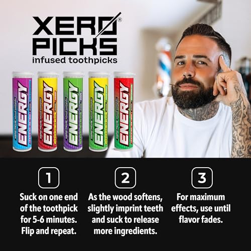 xero picks energy infused flavored toothpicks with caffeine b12 and b6 variety pack 20 count pack of 5 non-gmo kosher vegan