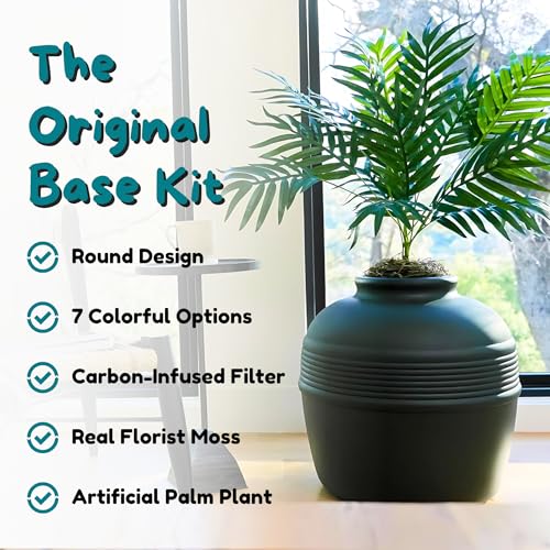 Image of Good Pet Stuff Hidden Litter Box Planter, Decorative Cat Litter Enclosure with Carbon Filter, Artificial Plant, Easy Clean, Indoor Design, Original Round Style, Base Kit, Black Suede