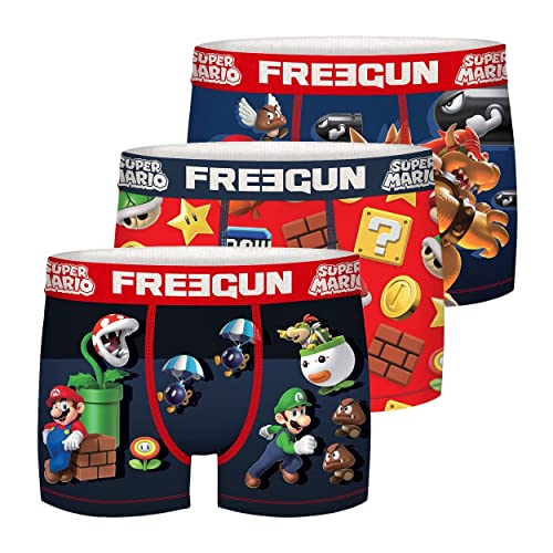 FREEGUN Boxer Enfant Super Mario, Caleçon Garçon, Mario, Luigi, Bowser, Maintien Anti-Glisse et Confortable (Lot de 3), Noir, Rouge, Bleu, Vert, Taille 10/12 Ans