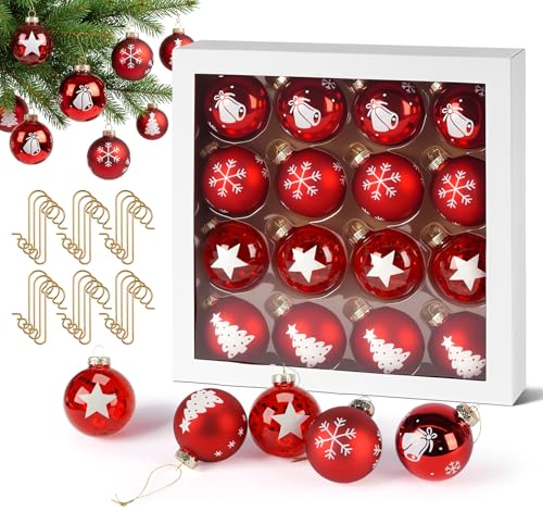 Weihnachtskugeln Glas 6cm Rot, 16 Stück Christbaumkugeln mit 4...
