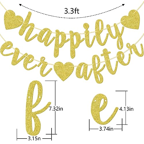 Image of Happily Ever After Banner, Glod Glitter Engagement Decoration for Bridal Shower, Wedding Party Photo Booth Props Signs, Pre-Strung Cursive Bunting (Gold)