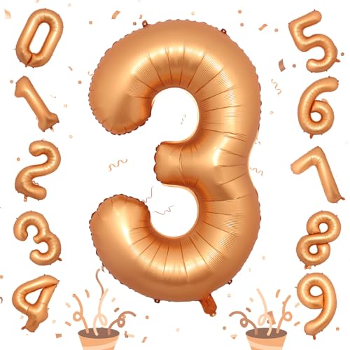 Image of 3rd Birthday Number Balloons for Girls, 40 Inch Foil Self Inflating 3 Balloons Decor, Helium Large Mylar Orange Number 3 Balloon for Kids Birthday Anniversary Celebration Party Decorations Supplies