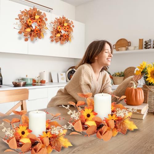 Image of 4 Pcs Fall Floral Candle Rings Wreaths Autumn Flower Rings for Centerpieces Harvest Pumpkins Wreath Mini Thanksgiving Cabinets Farmhouse Front Door Decoration