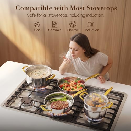 Image of Stainless Steel Cookware Set, Tri-Ply Pots and Pans Set, 20 Piece Kitchen Cooking Utensils Set with Lids, Gold Grip Handles, Induction, Oven, Non-Toxic, Dishwasher Safe, Professional Chef Quality