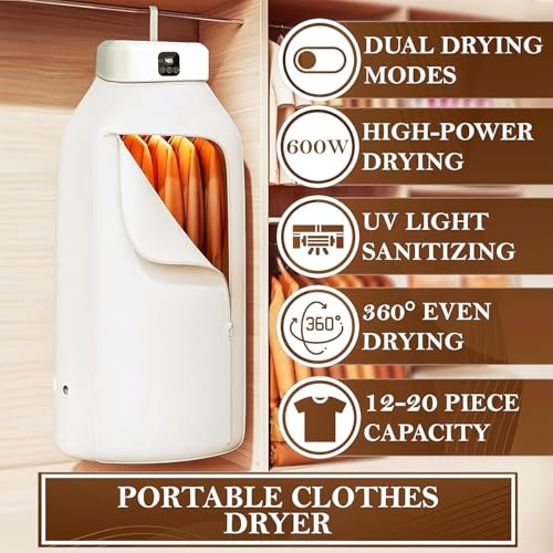 Image of Portable Clothes Drying Machine with UV Sanitizing | 600W Electric Clothes Dryer with Foldable Drying Bag & Digital Timer | Fast Warm Air Garment Dryer for Home, Apartment, Travel & Winter Use (S2)