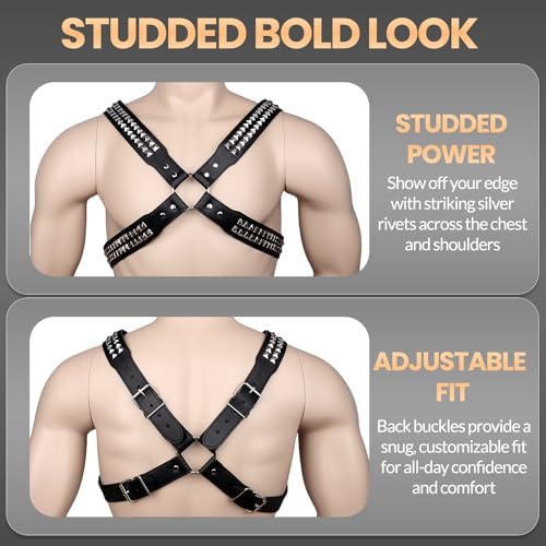 Men's X-Strap Chest Harness with Rivets, Adjustable PU Leather Body Harness Belt for Punk Cosplay, Muscle Show Clubwear Nightclub Stage Party Outfits X0233