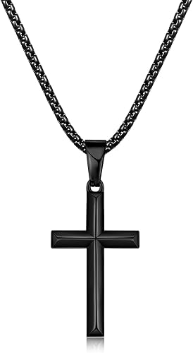 Fiusem Beveled Edge Cross Necklace for Men, 2.5MM Black Stainless Steel Box Chai