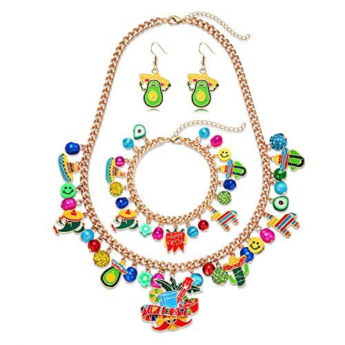 VOGUEKNOCK Mexican Jewelry Set Cinco De Mayo Charm Necklace Bracelet Fiesta Dangle Earrings Carnival Holiday Jewelry Gifts for Women (Fiesta)