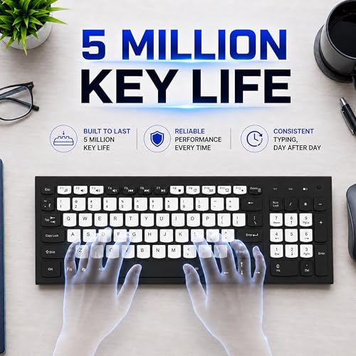 Image of ANT Master 25 Wireless Keyboard, 2.4GHz USB Plug and Play Receiver, 95 Keys with Multimedia Shortcuts, Water-Repellent Slim Membrane Design, 12M Range, Office & Home Productivity, Black & White