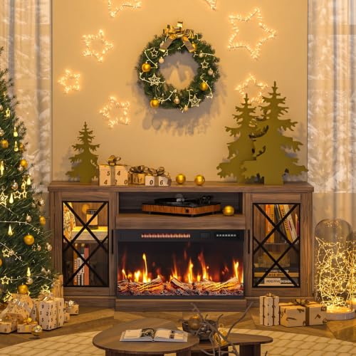 Image of BREEZEHEAT Fireplace TV Stand for TVs up to 70 inch, 3-Sided Electric Entertainment Center with 24 inch LED Fireplace, Media Console w /Storage Cabinet & Glass Doors, 59Inch, Walnut