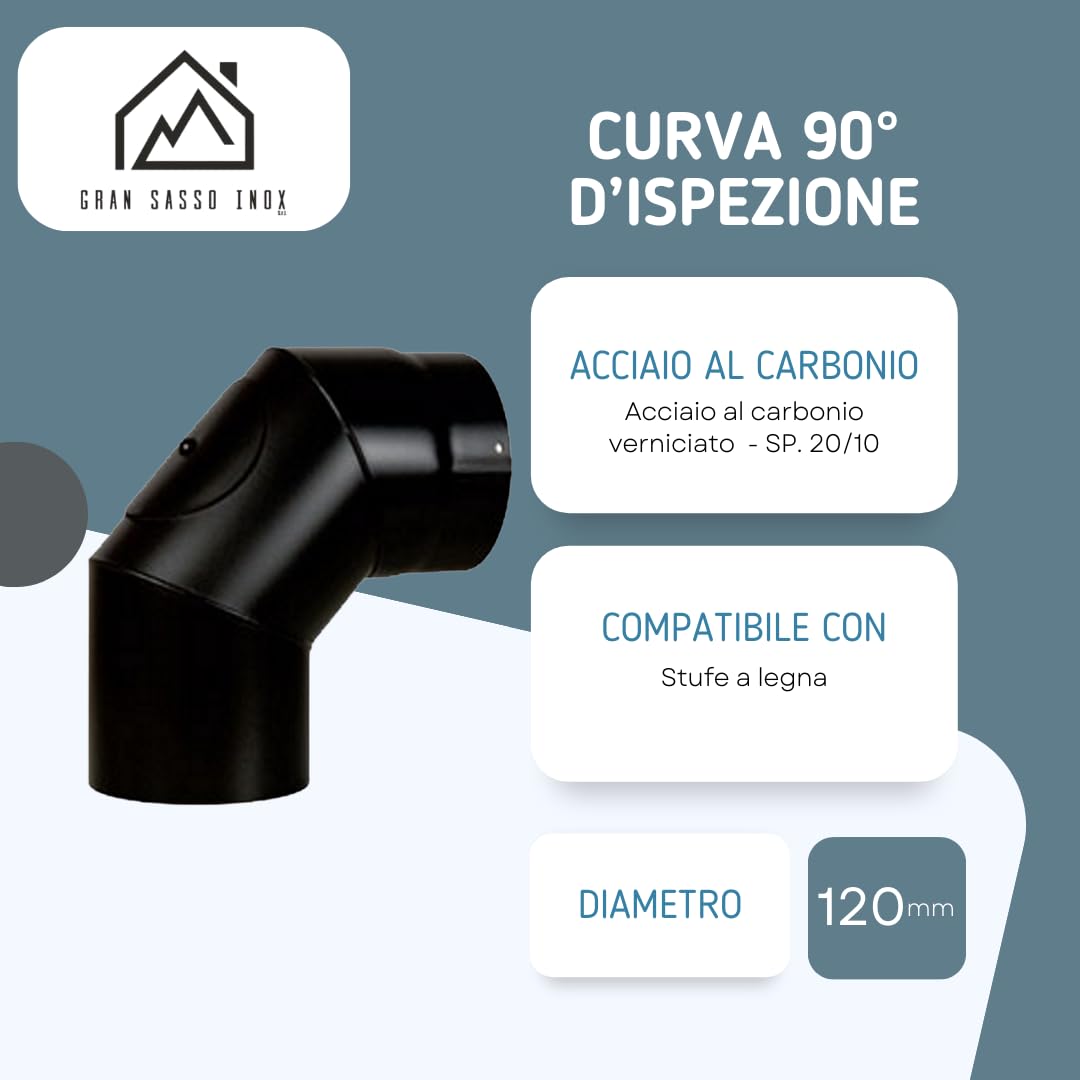 Curva a 90° d’ispezione Verniciata per Fumisteria – in Acciaio al Carbonio SP. 20/10 – per Stufe a Legna – Diametro 120mm