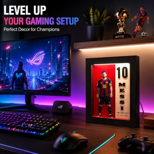 Image of 10 Messi Jersey Shadow Box Frame with LED Light | Football Fan Gift for Tabletop & Shelf Decor | Sports Display Box for Gaming Room, Bedroom & Office | 9 x 7 Inch (#10 Edition)