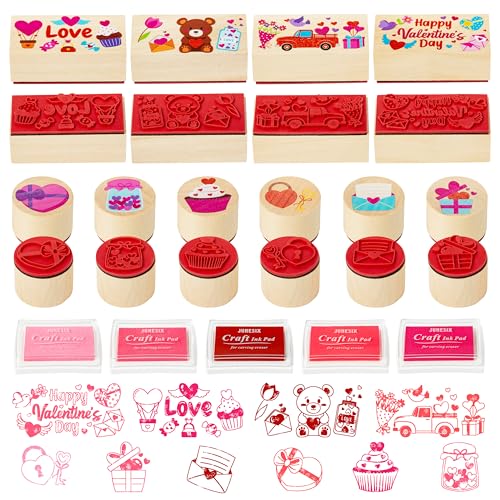 CJiangpo 15Pcs Valentine Wooden Rubber Stamps DIY Craft Card Ink Pads, Love Heart Decorative Rubber Stamps for Crafting Scrapbook Card Making Kids Valentine’s Day Gift Favors