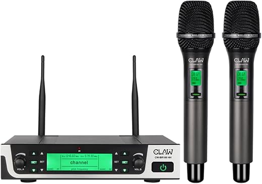 CLAW CW-BR100HH Dual Channel UHF Wireless Microphone System with 2 Handheld Mics, One-Tap Mute, Auto IR Frequency Scan &amp; L