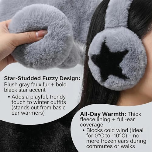 Orejeras de invierno negras con estrellas y diseño peludo plegable 7