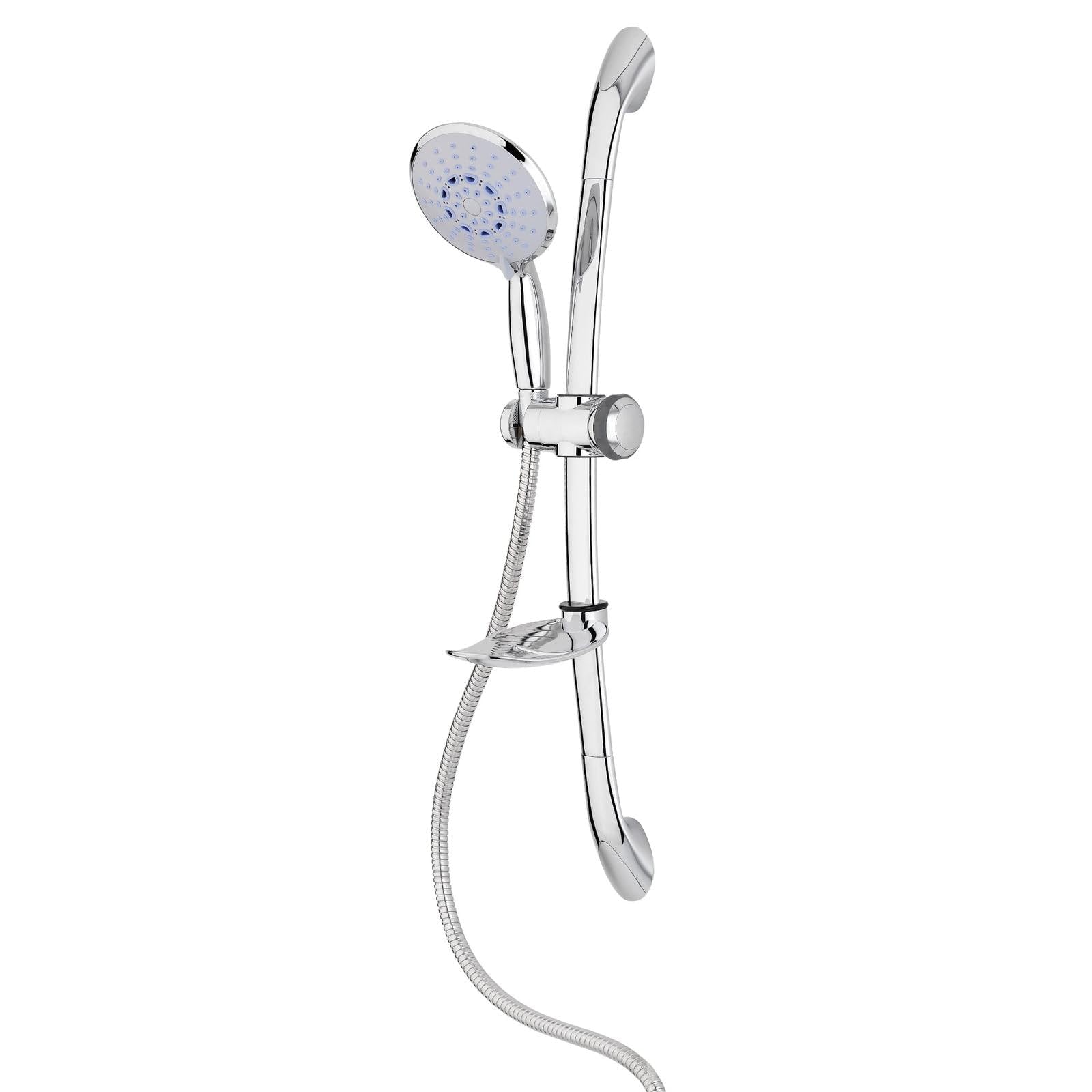 Set doccia saliscendi con doccetta multigetto, asta regolabile, soffione anticalcare, portasapone – attacco universale 1/2 realizzato in Acciaio e ABS - Cromato - 12x12x66 cm