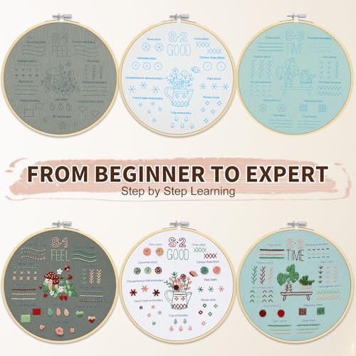 Image of KintKita Embroidery Kit for Adults Beginners, 3 Stages to Learn 31 Basic Embroidery Stitches Practice Cross Stitch Kits for Beginners with Embroidery Patterns, Hoop,Threads,Tools