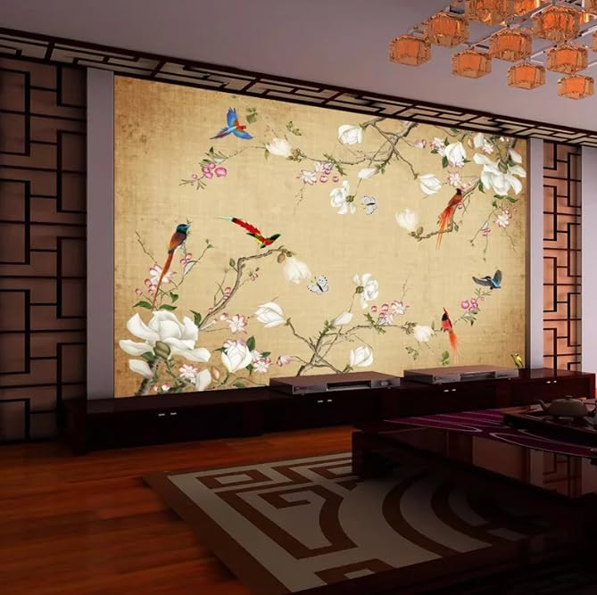 Papier peint 3D oiseaux chinois pour habiller le mur du canapé de salon