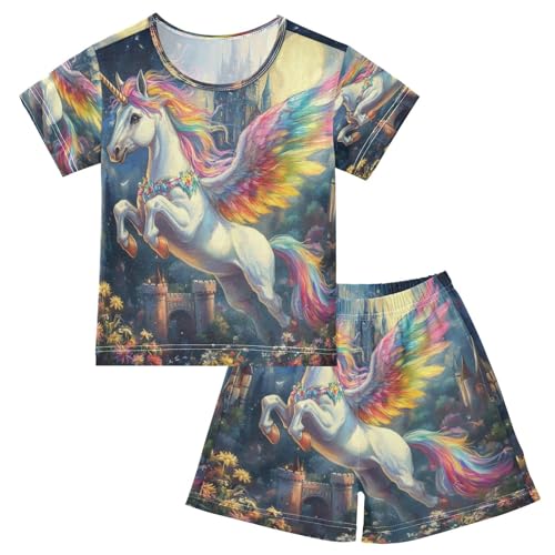 ALAZA Unicorn Flower Blossom Castle Pajamas Set Short Sleeve Cotton Sleepwear Summer Pjs 2 Piece 5-14Y