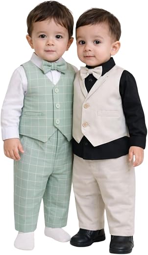 NASKAR Garments Kid's Boys Cotton Blend Full Sleeves Shirt Waistcoat and Pant Pack of 2 Set with Applique Bow | Stylish Pa...