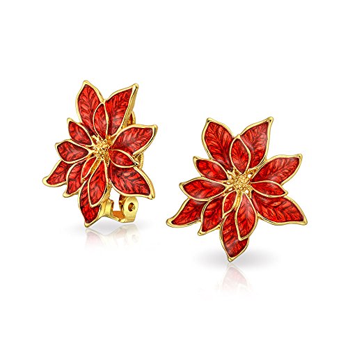 Christmas Holiday Red Enamel Flower Shape Poinsettia Clip On Earrings For Women Non Pierced Ears 14K Gold Plated 1 Inch