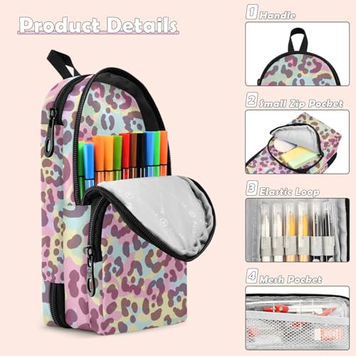 Image of ZAZYXTJ Leopard print Standing Large Capacity Pencil Case 3 Compartment Pen Pouch Storage Makeup Bag for School Office Teen Girl Boy Men Women