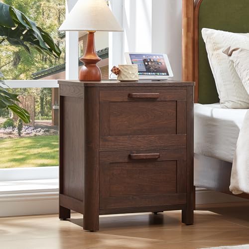 Image of Joaxswe Farmhouse Night Stand with Charging Station, End Tables Bedroom with 2 Large Drawers & 4 Thickened Table Legs, Walnut