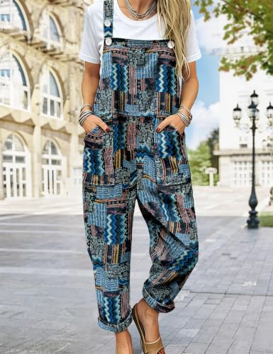 Image of YESNO Women's Overalls Cotton Boho Casual Floral Bib Jumpsuit Baggy Adjustable Strap Romper with Pockets PVV