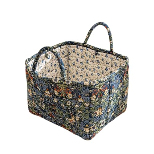 Quilted Fabric Storage Basket with Handles (Olive Floral)