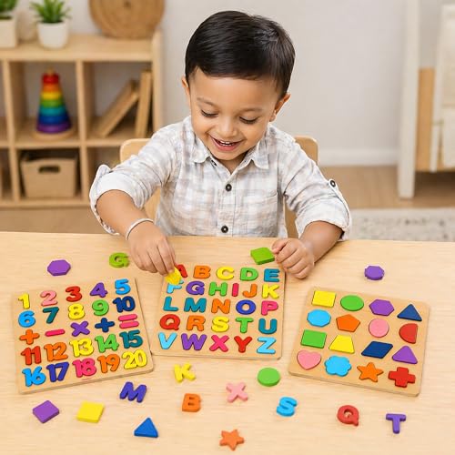 Image of Wooden ABC Number & Shape Puzzle Board, Set of 3, Age 2-5 Years