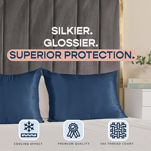 Image of BLISSFORD Satin Pillowcase with Zipper, for Hair and Skin Care, Feels Soft and Cool Like a Silk Pillowcase, Satin Pillow Cases 2 Pack, Slik Pillow Cover, Navy - Standard Size, Set of 2