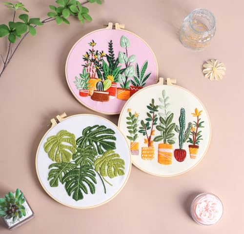 Image of Konrisa Embroidery Kits for Adults Beginner, European Style Garden Plant Green Leaf Stamped Embroidery Starter Kit,DIY Sewing Practice, Needlepoint Cross Stitch Kit,Set of 3