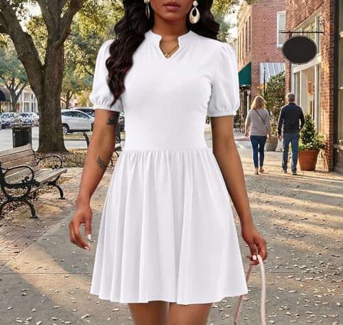 Image of Women's V Neck Summer Dress Puff Short Sleeve Flowy Stretchy Flowy Comfort Fit for Daily Wear Work Midi Casual Dresses