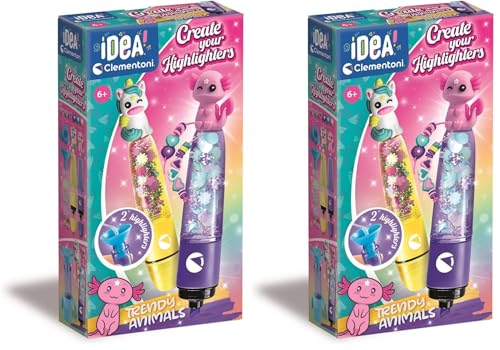 Clementoni Idea - Create Your Highlighters : Trendy Animals, Laboratoire des surligneurs personnalisés, Kit créatif pour Enfants 6 Ans avec 3 surligneurs Personnalisables avec Accessoires, 18874